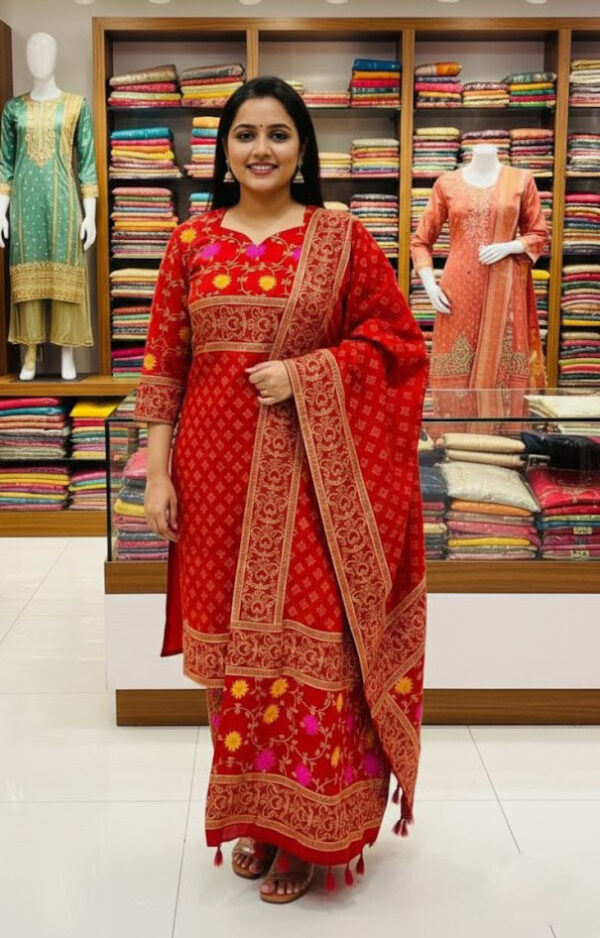 Block Print Three Piece রেড কালার